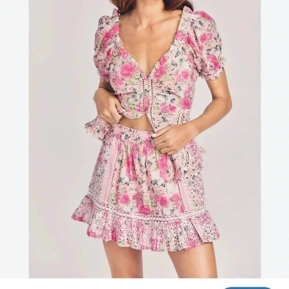 LoveShackFancy XS baydar skirt in magenta eyelet pink floral